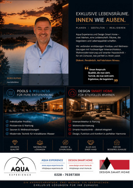 Anzeige von Aqua Experience und Design Smart Home: exklusive Lebensräume mit Pool, Wellness und Smart Home im Kölner Süden