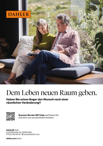 Anzeige von Dahler Köln: Paar liest entspannt in einem hellen Wohnraum, Dem Leben neuen Raum geben