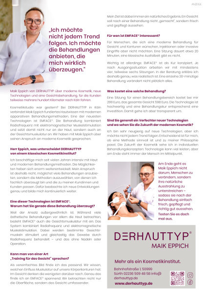 Anzeige von Derhauttyp, Kosmetikinstitut von Maik Eppich in Rodenkirchen: Beratung zu EMFACE und moderner Hautpflege