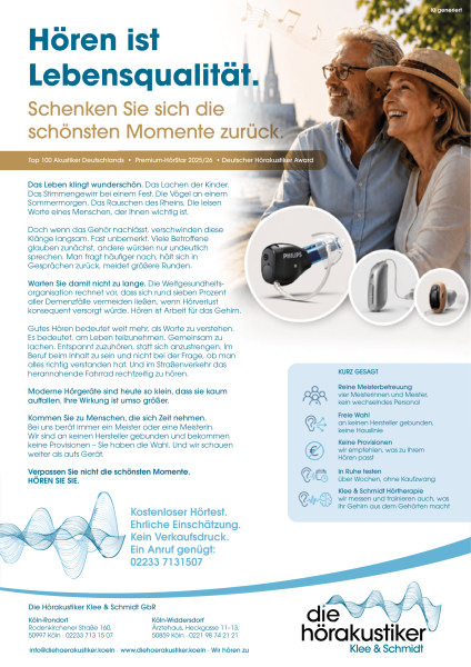 Anzeige der Hörakustiker Klee & Schmidt in Rodenkirchen: Hören ist Lebensqualität, Hörgeräte und kostenloser Hörtest