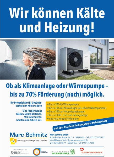 Anzeige der Marc Schmitz GmbH, Heizung, Sanitär, Klima in Rodenkirchen: Beratung zu Wärmepumpe und Förderung