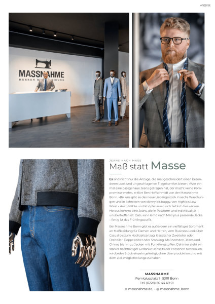 Anzeige von Massnahme Bonn: Maßgeschneiderte Herrenmode, Ladengeschäft und Kunde im Anzug, auch für Kunden aus Rodenkirchen