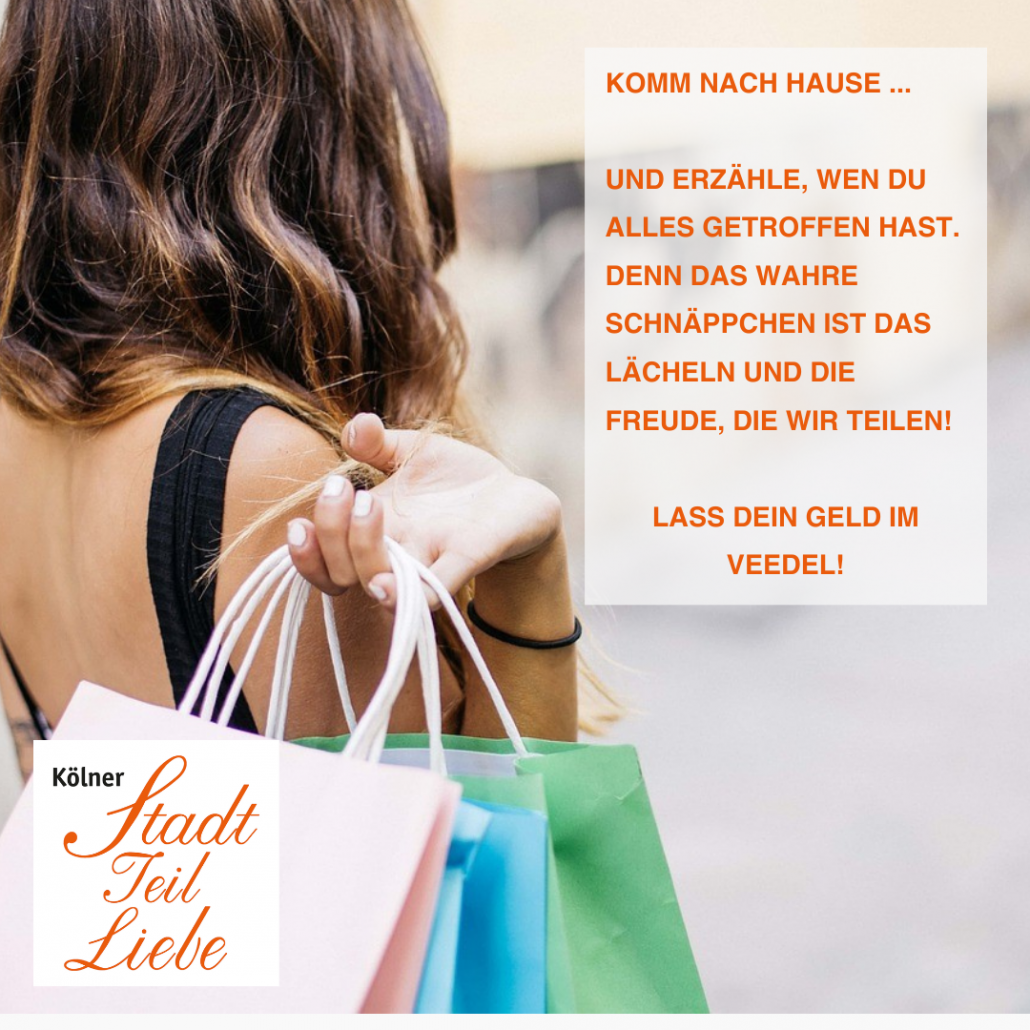 Person mit bunten Einkaufstaschen – Botschaft: Lass dein Geld im Kölner Veedel, lokal einkaufen