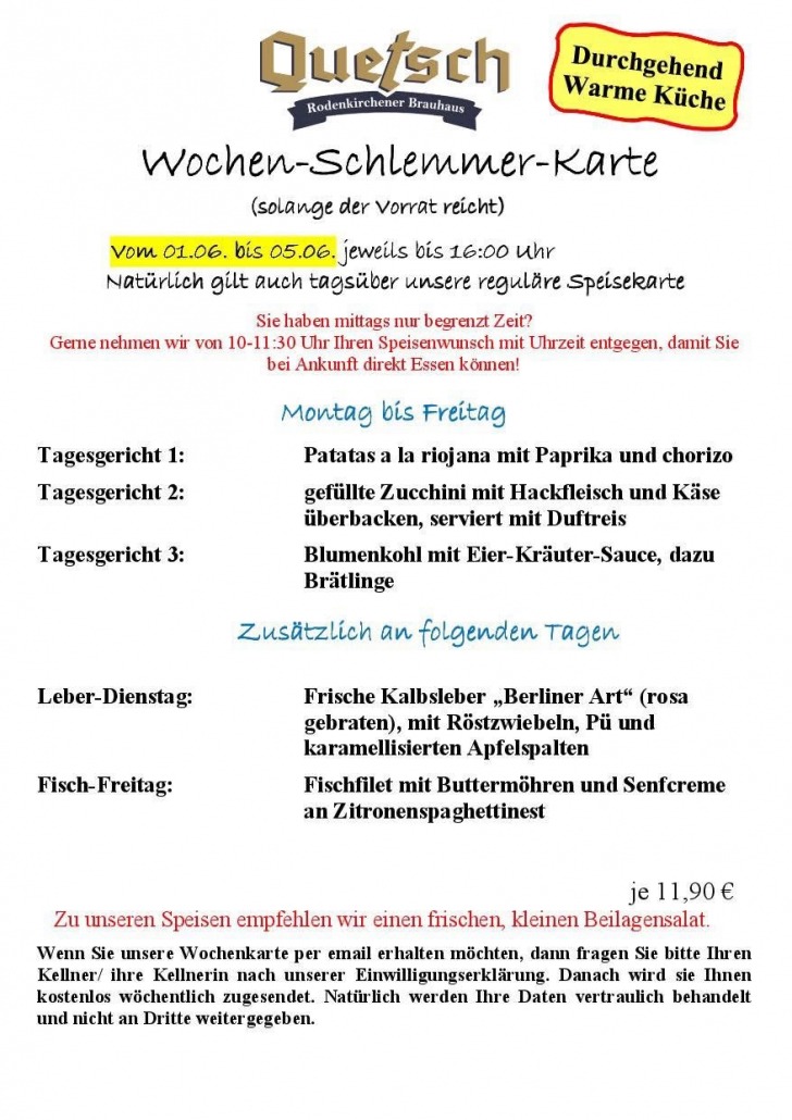 Wochen-Schlemmer-Karte Brauhaus Quetsch Rodenkirchen, 01.–05. Juni 2026
