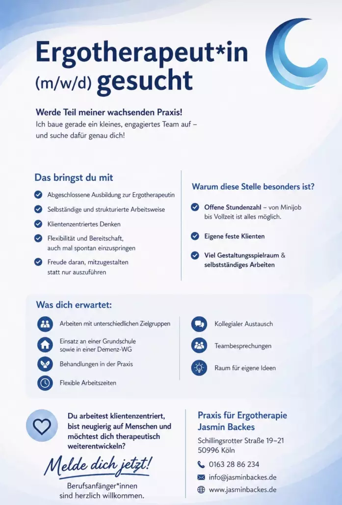 Stellenanzeige Praxis für Ergotherapie Jasmin Backes, Schillingsrotter Straße 19–21, Köln-Rodenkirchen