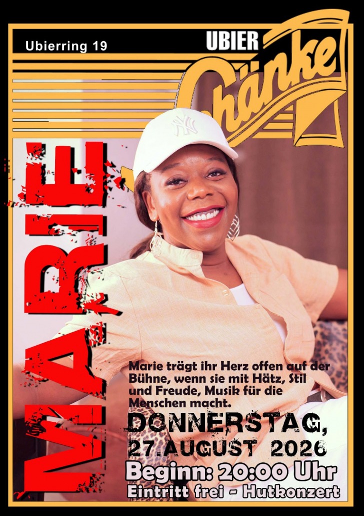 Konzertplakat "Marie" in der Ubier Schänke, Ubierring 19, Donnerstag 27. August 2026, Beginn 20:00 Uhr