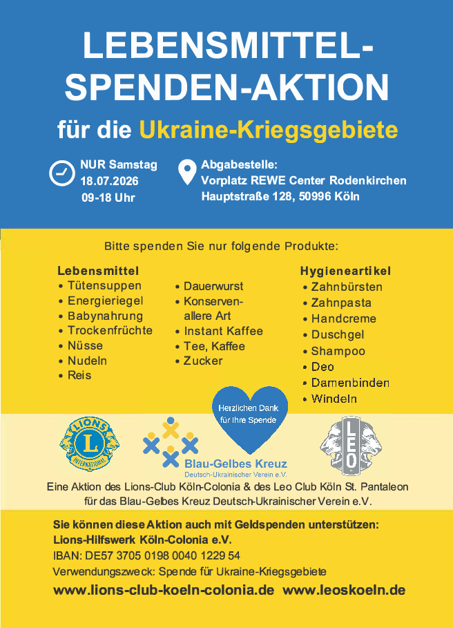 Info-Flyer der Ukraine-Sachspendenaktion von Lions Club und Leo Club vor dem REWE in Rodenkirchen