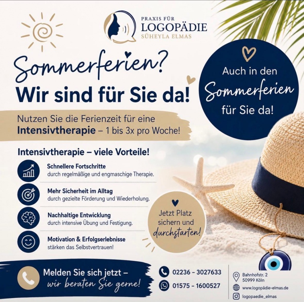 Sommerferien-Angebot Logopädie Köln: Intensivtherapie 1 bis 3x pro Woche in der Praxis für Logopädie Süheyla Elmas