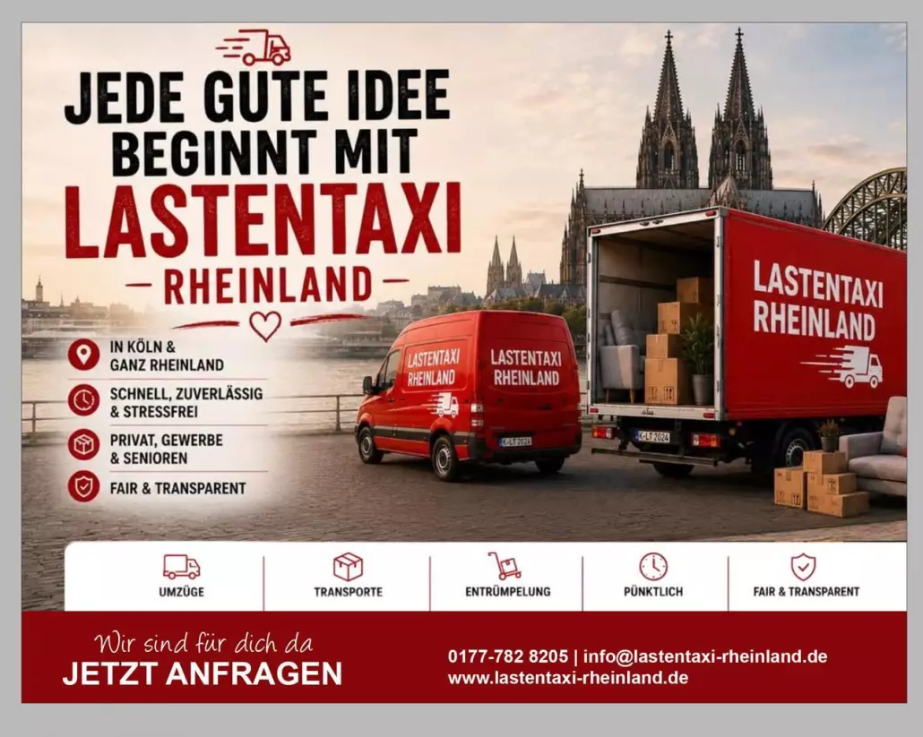 Werbeplakat Lastentaxi Rheinland mit rotem Umzugswagen vor der Kölner Skyline