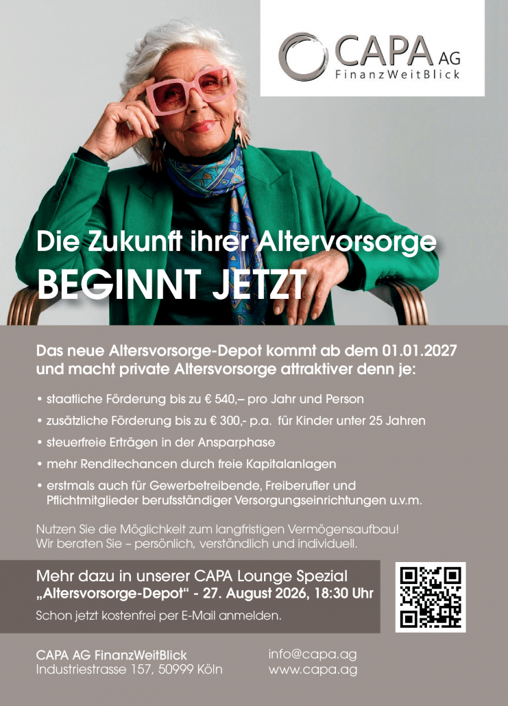 CAPA AG FinanzWeitBlick – Anzeige zum neuen Altersvorsorge-Depot und zur CAPA Lounge Spezial am 27. August 2026