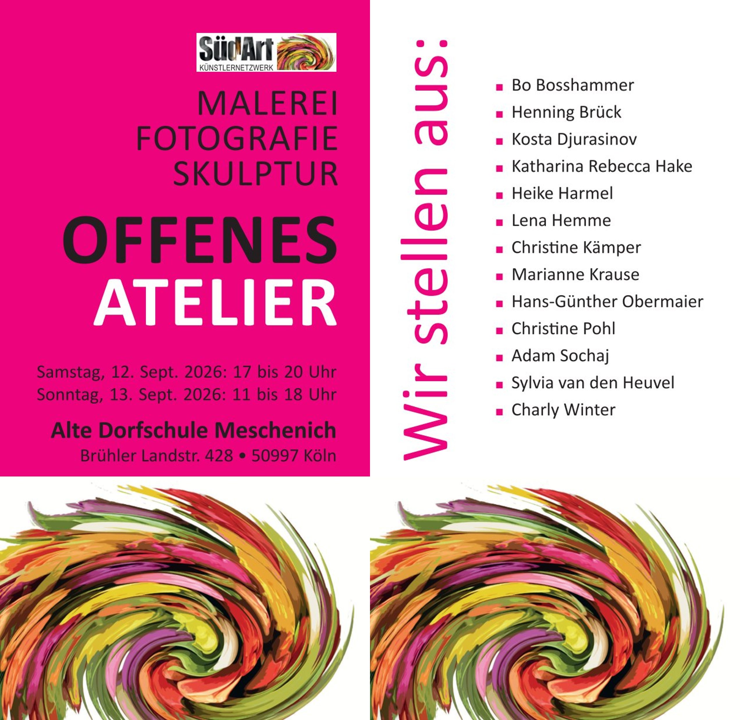 Flyer des Künstlernetzwerks SüdArt zum Offenen Atelier in der Alten Dorfschule Meschenich