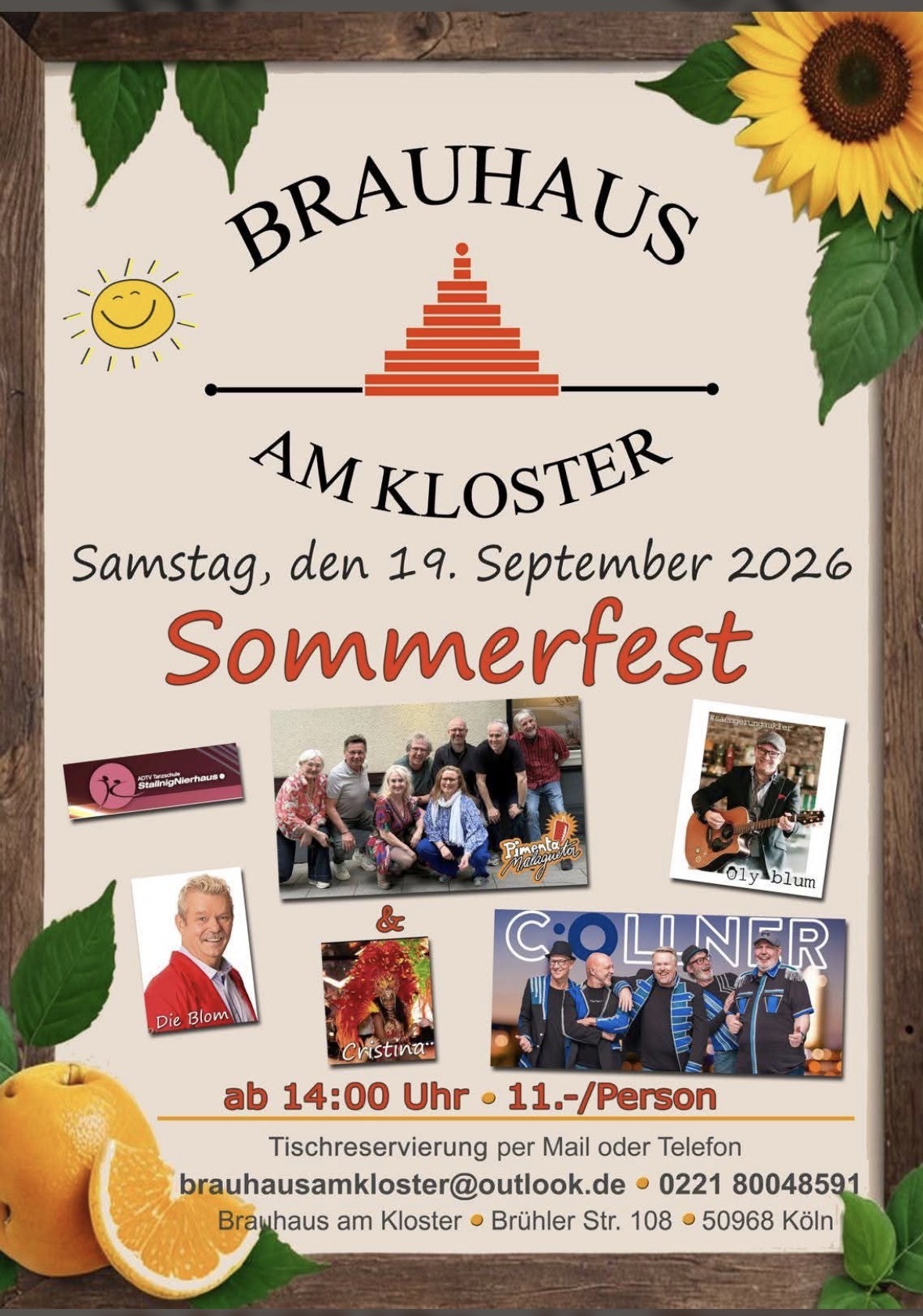 Veranstaltungsplakat: Sommerfest im Brauhaus am Kloster am Samstag, 19. September 2026, ab 14 Uhr, mit Live-Musik von Pimenta Malagueta, Oly Blum, Die Blom und Cristina sowie COLINER