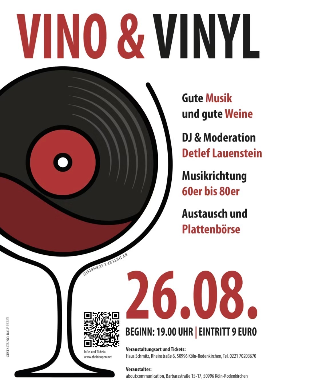Plakat Vino & Vinyl am 26. August im Haus Schmitz in Köln-Rodenkirchen mit Weinglas und Schallplatte