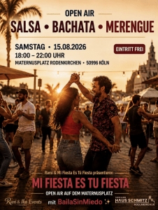 Plakat zum Open-Air-Tanzabend Salsa, Bachata und Merengue am 15. August 2026 auf dem Maternusplatz in Rodenkirchen