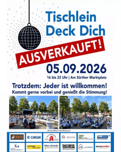 Plakat zu Tischlein Deck Dich am 5. September 2026 auf dem Sürther Marktplatz, ausverkauft, Zuschauer willkommen