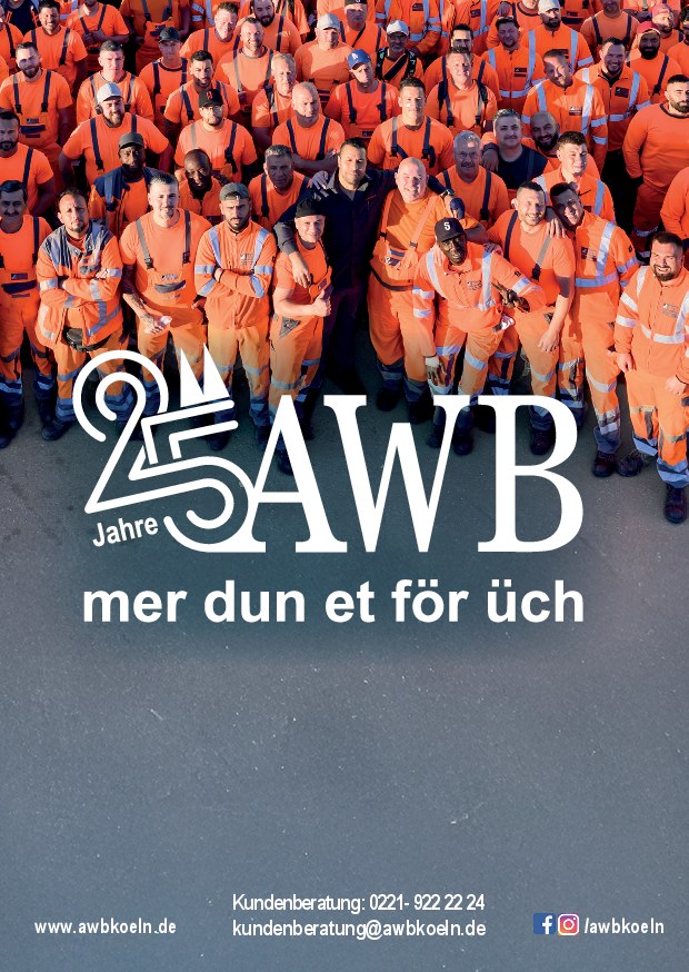 Anzeige AWB Köln zum 25-jährigen Bestehen: Team in orangefarbener Arbeitskleidung, Motto mer dun et för üch