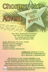 Plakat Chorprojekt Advent der RheinbogenStimmen, Start am 30. September im Pfarrsaal St. Remigius in Köln-Sürth