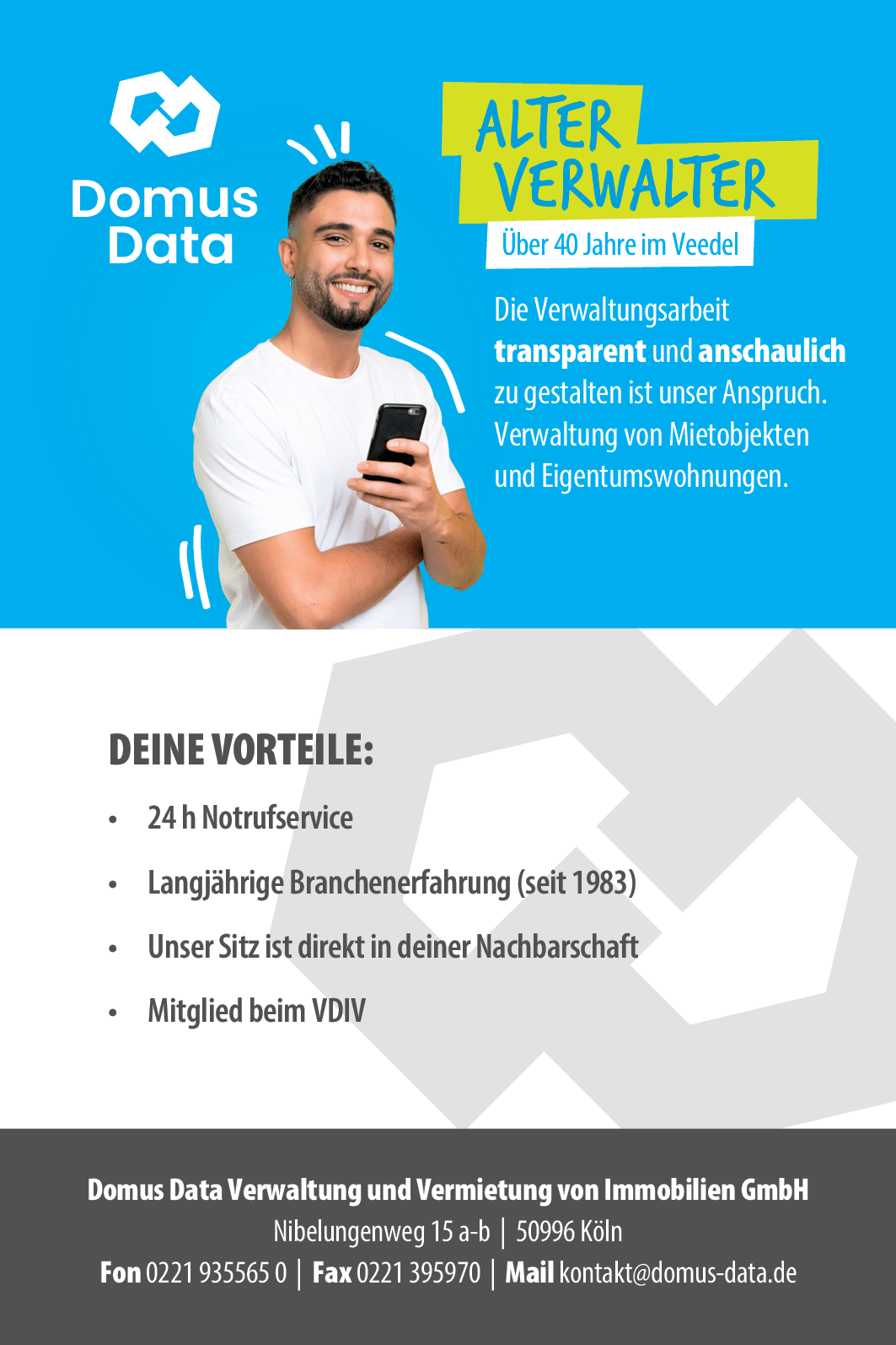 Anzeige der Domus Data Immobilienverwaltung am Nibelungenweg in Köln-Rodenkirchen