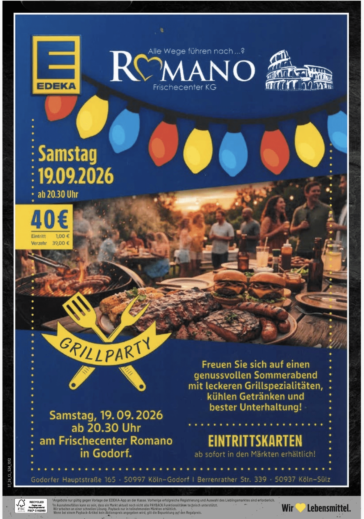 Plakat zur Grillparty von EDEKA Romano am Frischecenter in Godorf mit Live-Atmosphäre und Grillbuffet