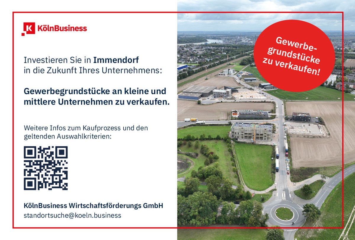 Anzeige KölnBusiness: Luftbild des Gewerbegebiets Immendorf im Kölner Süden mit Neubauten und Feldern