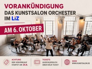 Das KunstSalon-Orchester spielt in einem hellen Loft, Ankündigung für den 6. Oktober im LIZ am Markt in Köln-Sürth