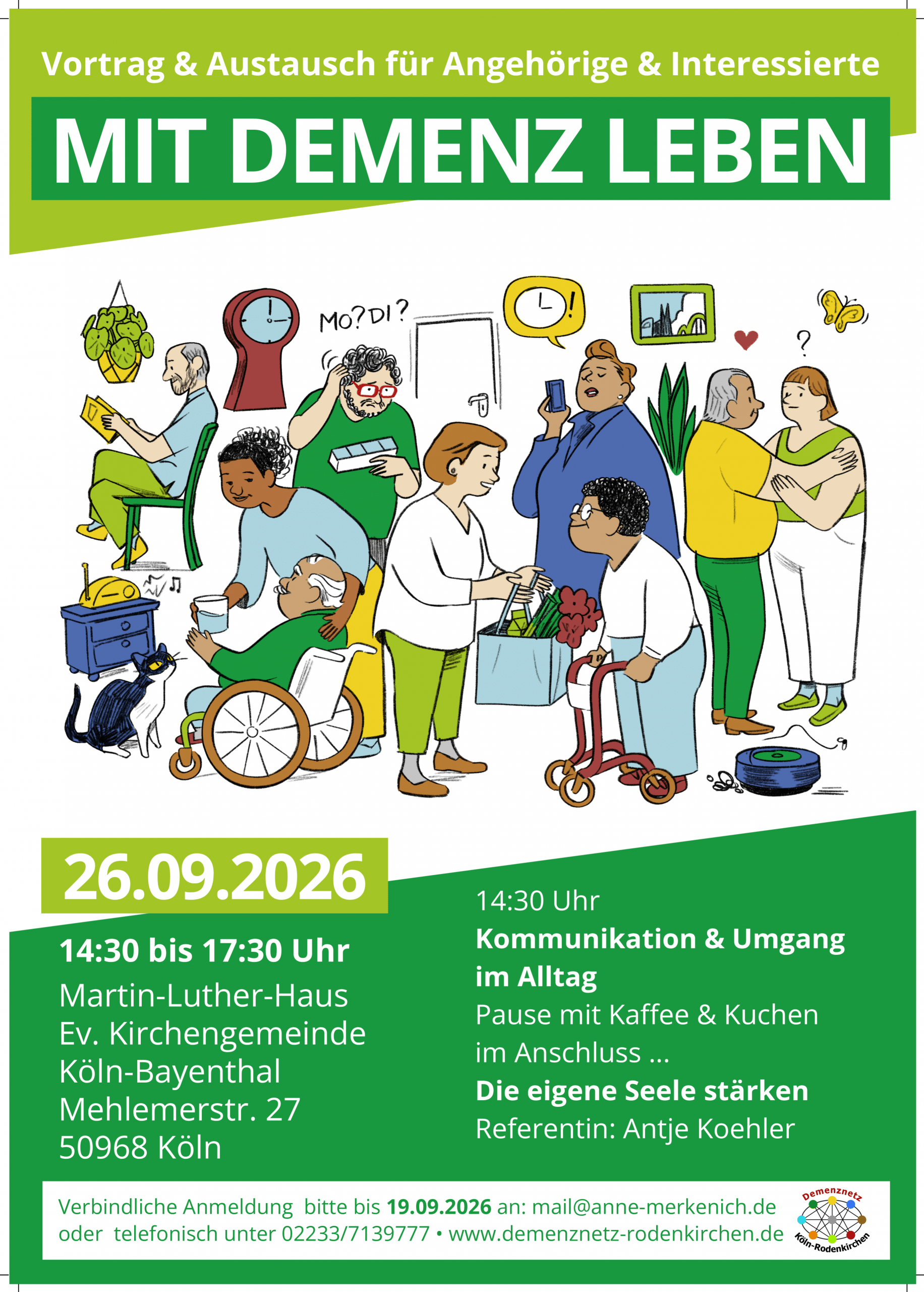 Plakat Mit Demenz leben, Vortrag und Austausch am 26. September 2026 in Köln-Bayenthal