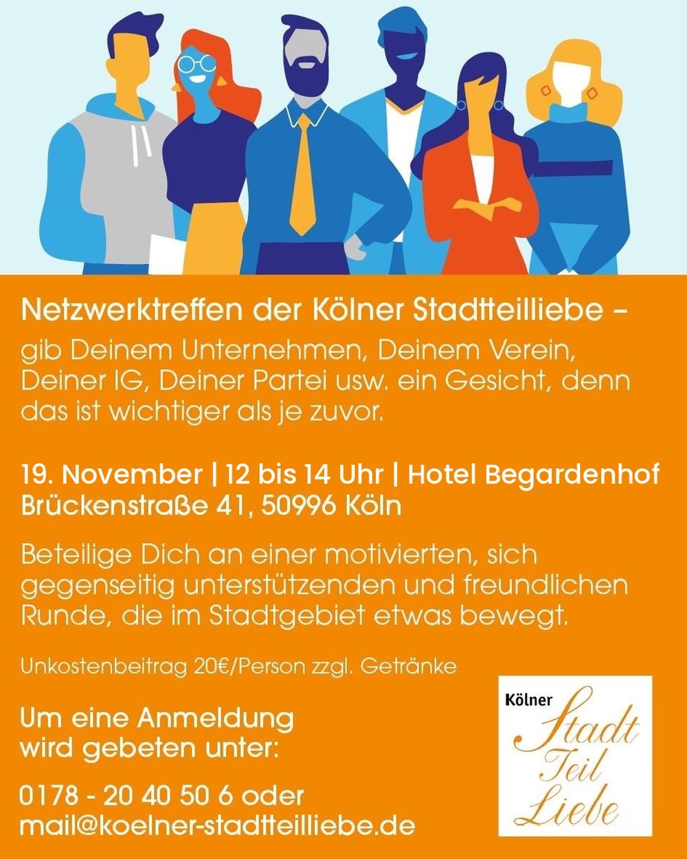 Flyer zum Netzwerktreffen der Kölner StadtteilLiebe am 19. November 2026 im Hotel Begardenhof Rodenkirchen