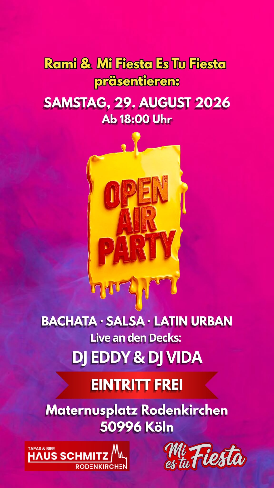 Plakat zur Open Air Party am 29. August 2026 auf dem Maternusplatz in Rodenkirchen mit Salsa und Bachata