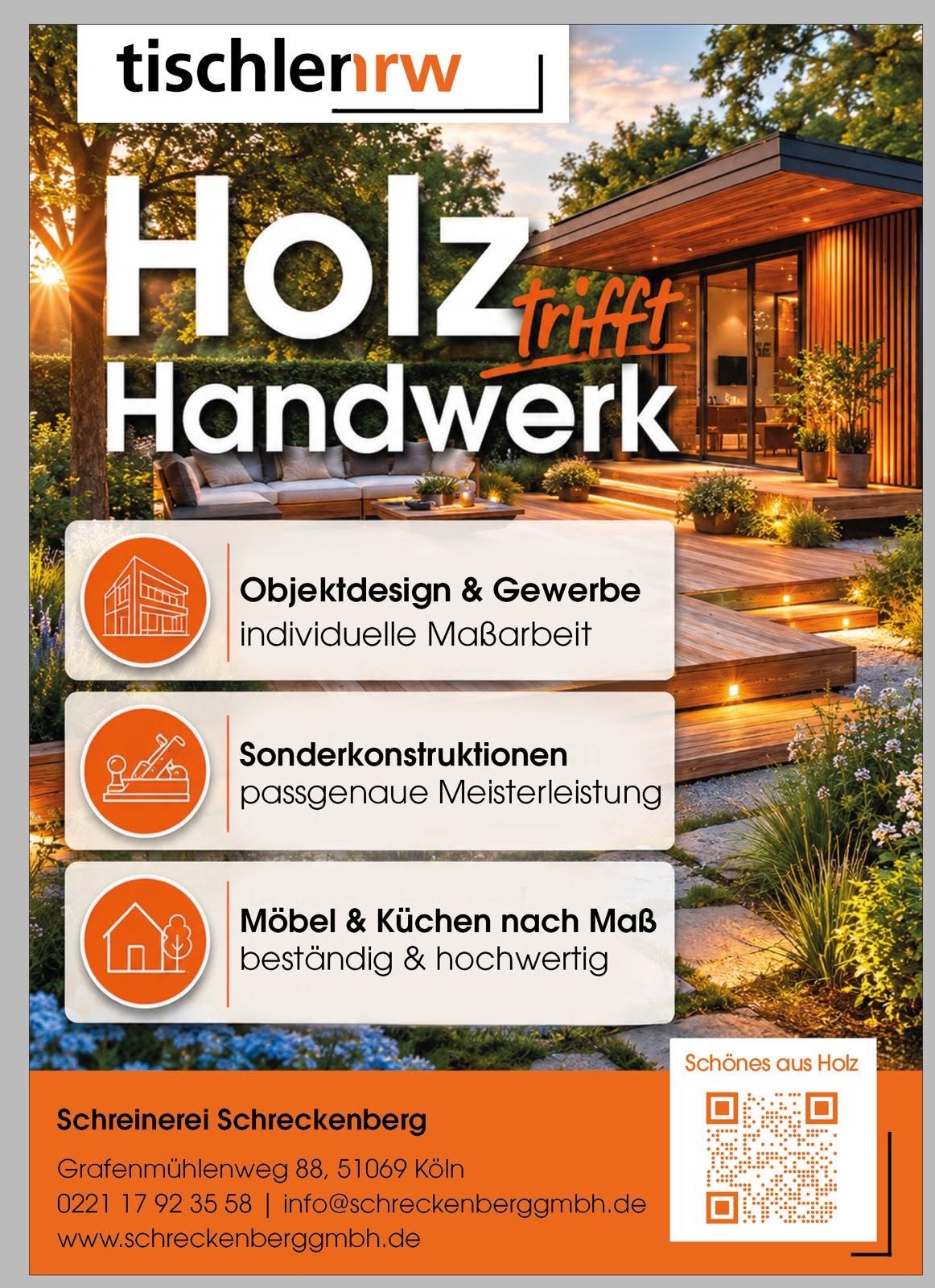 Anzeige der Schreinerei Schreckenberg Köln: Holzterrasse mit Gartenhaus, Möbel und Küchen nach Maß