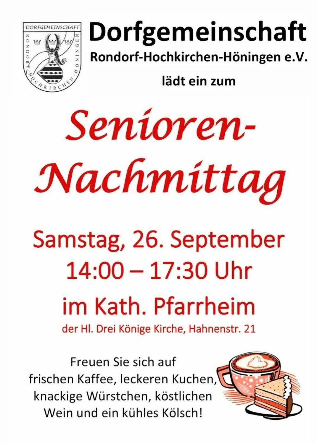Plakat zum Seniorennachmittag der Dorfgemeinschaft Rondorf-Hochkirchen-Höningen im Pfarrheim der Hl. Drei Könige Kirche