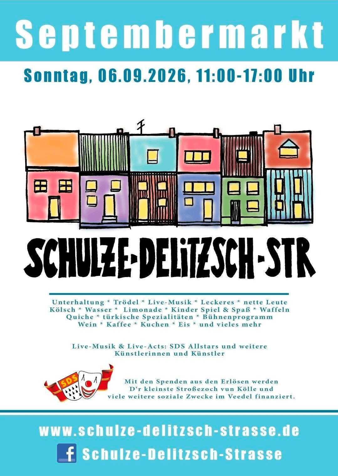 Plakat zum Septembermarkt in der Schulze-Delitzsch-Straße in Köln mit Trödel, Live-Musik und Kinderprogramm