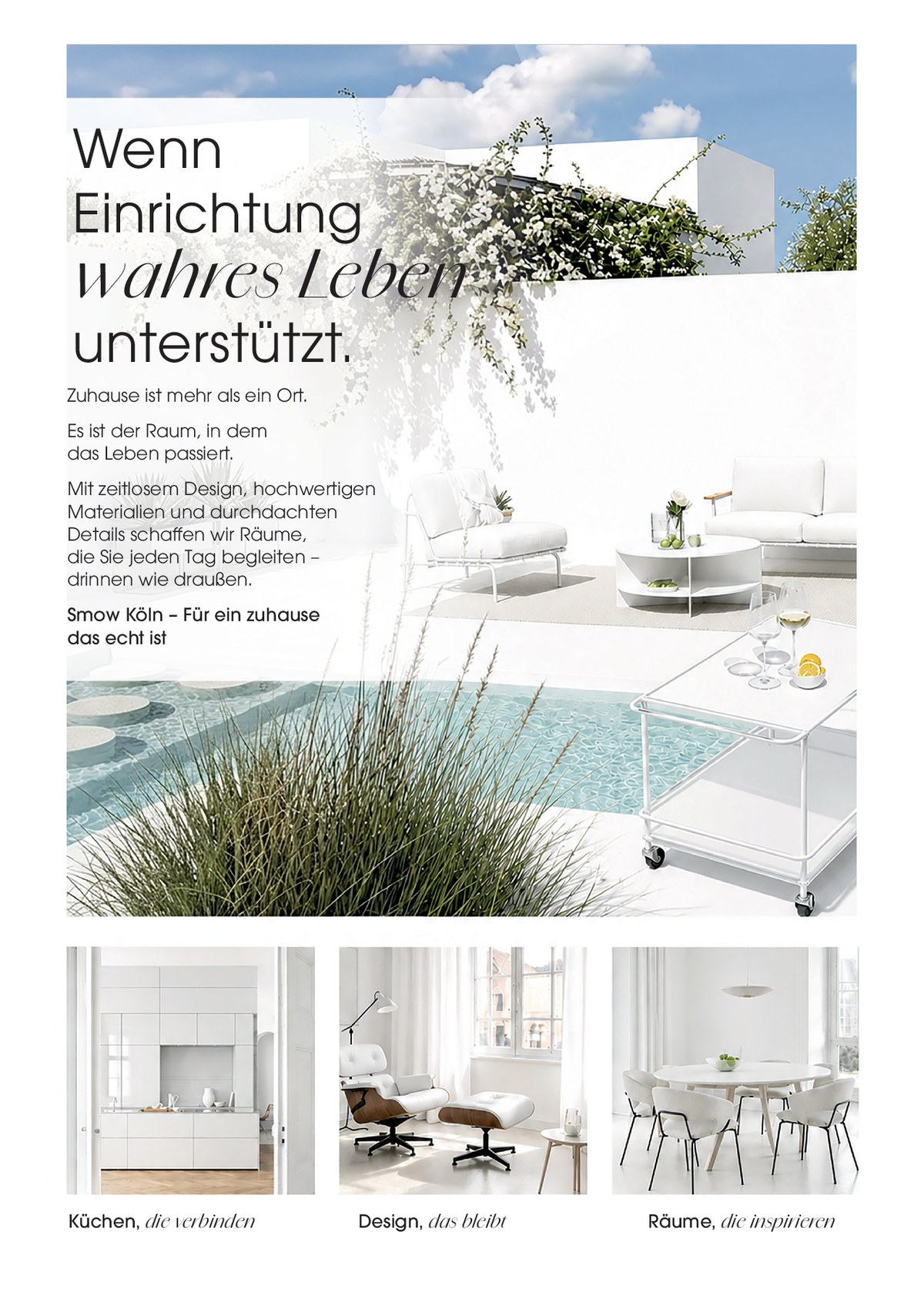 Anzeige Smow Köln: helle Terrasse mit Loungemöbeln, dazu Küchen und Designklassiker aus dem Sortiment