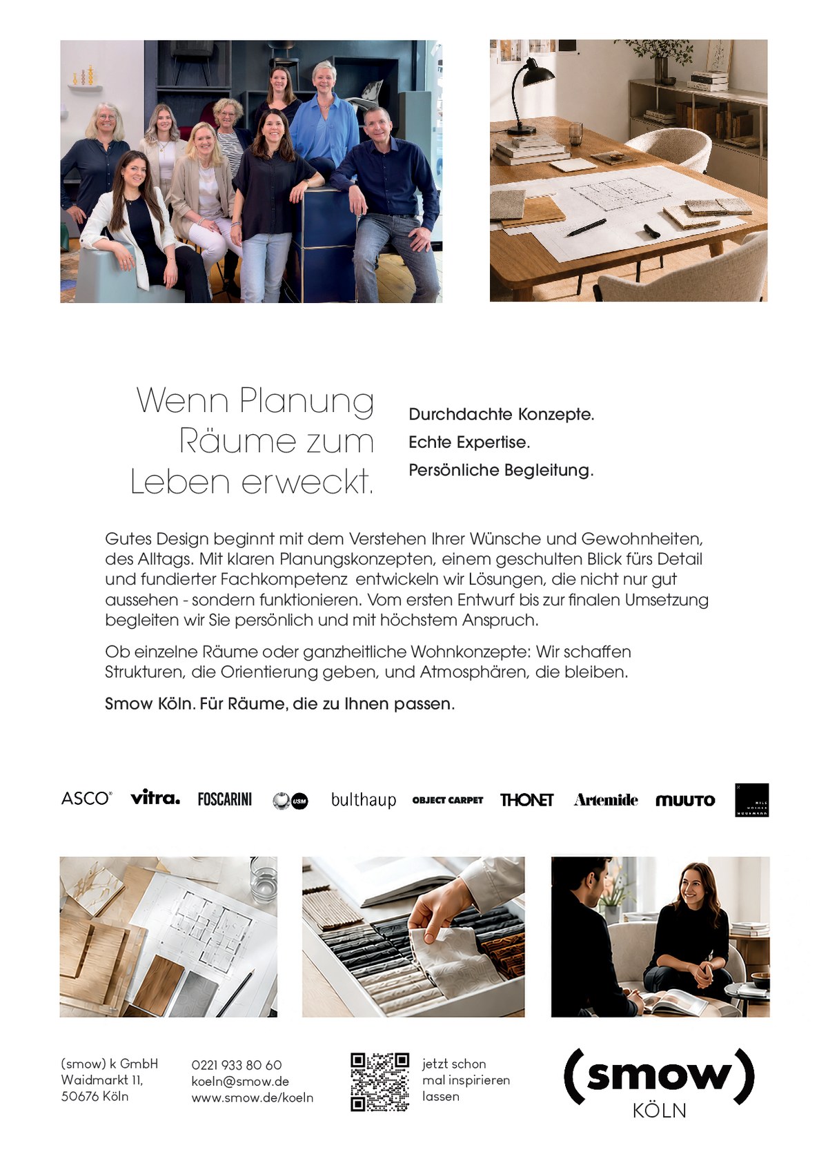 Anzeige Smow Köln, zweite Seite: das Team im Showroom und Materialmuster bei der Wohnplanung