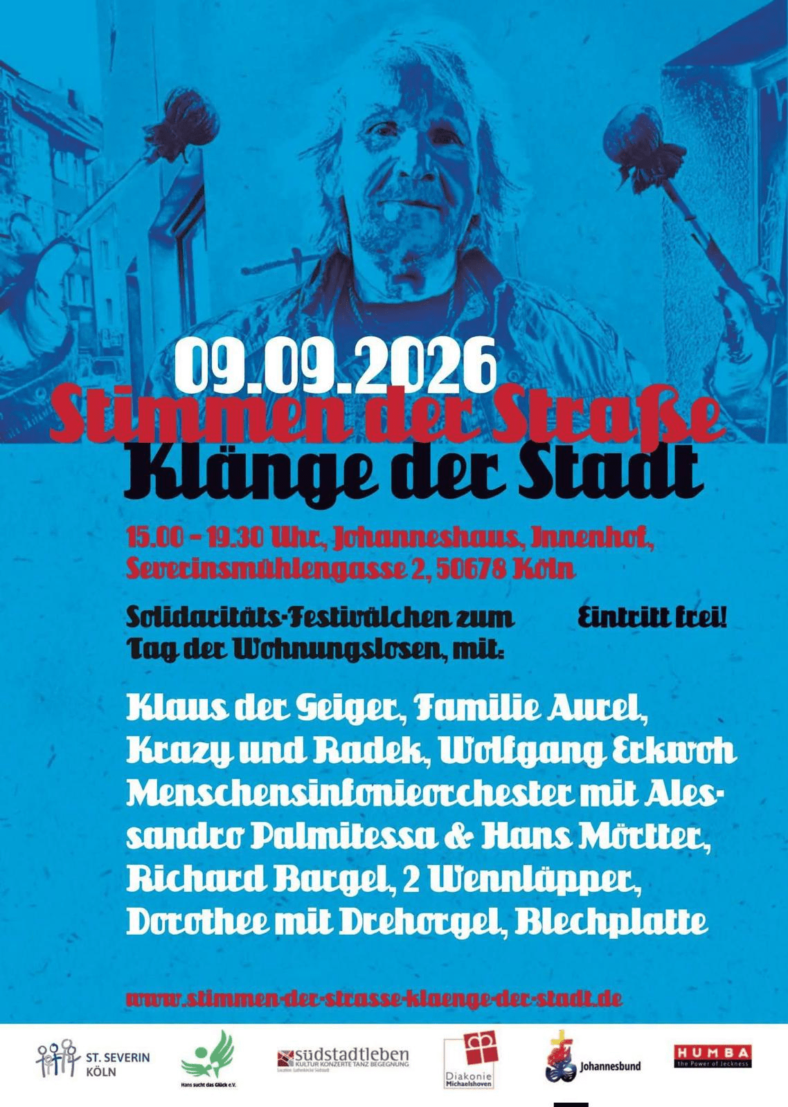 Plakat zum Solidaritäts-Festival 'Stimmen der Straße – Klänge der Stadt' im Johanneshaus in der Kölner Südstadt