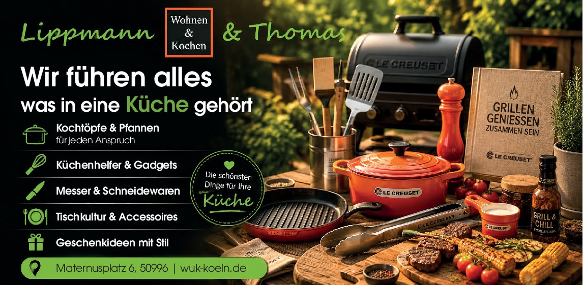 Anzeige Lippmann & Thomas Rodenkirchen: Töpfe, Pfannen und Grillzubehör auf einem gedeckten Holztisch