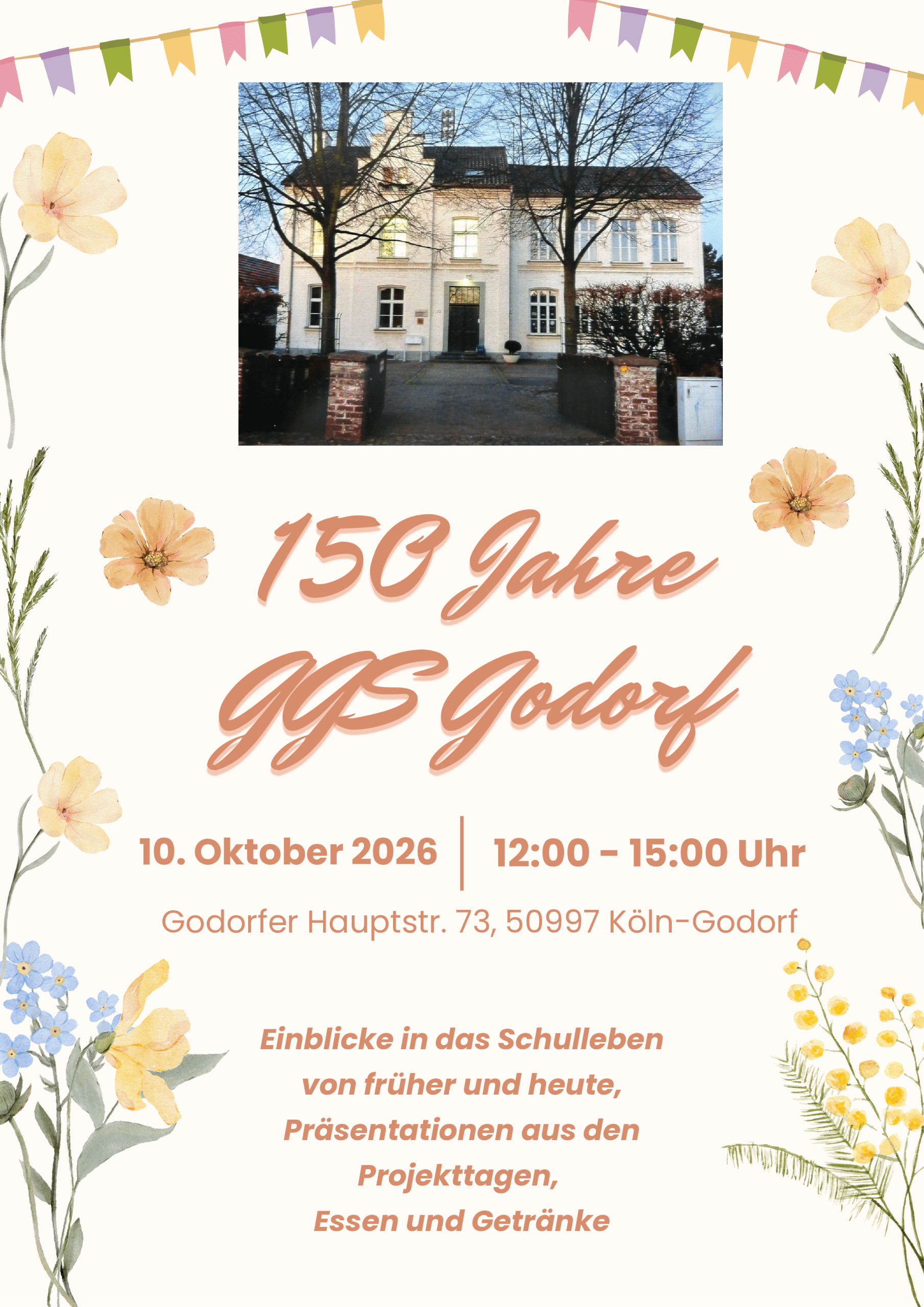 Flyer zum 150-jährigen Bestehen der GGS Godorf am 10. Oktober 2026