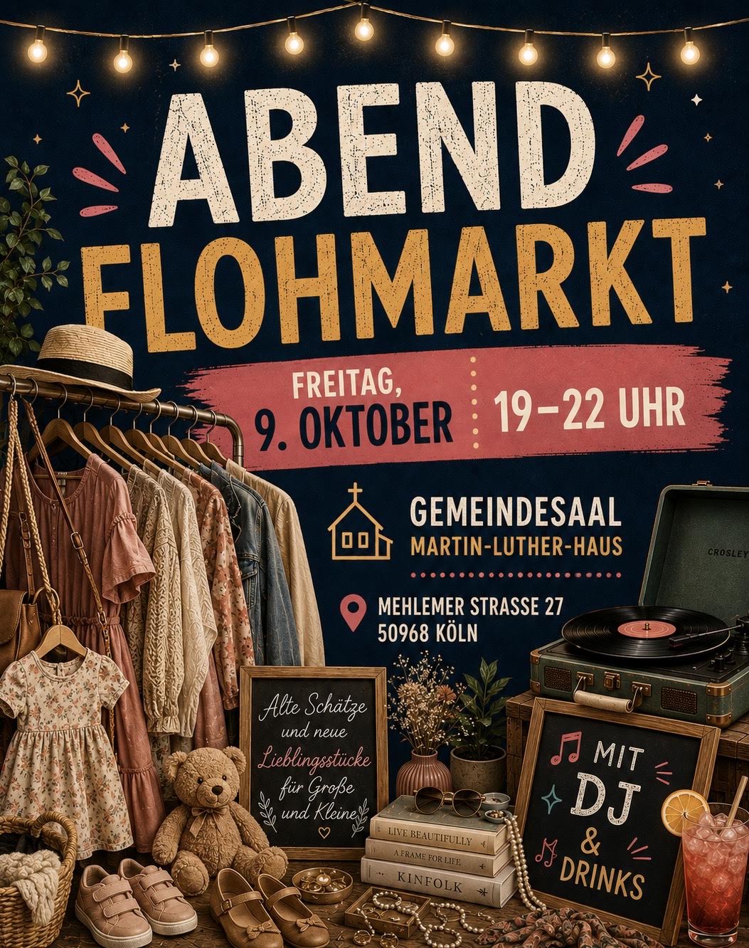 Ankündigungsplakat zum Abendflohmarkt im Martin-Luther-Haus in Köln-Marienburg