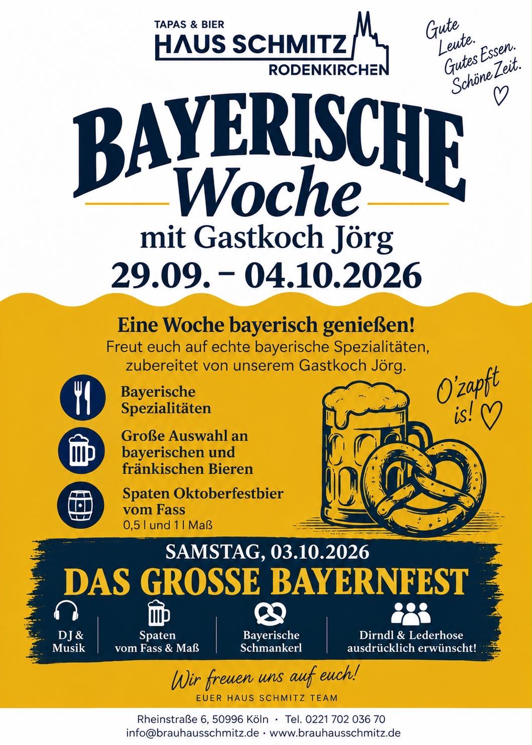 Flyer zur Bayrischen Woche und zum Bayernfest im Haus Schmitz in Rodenkirchen 2026