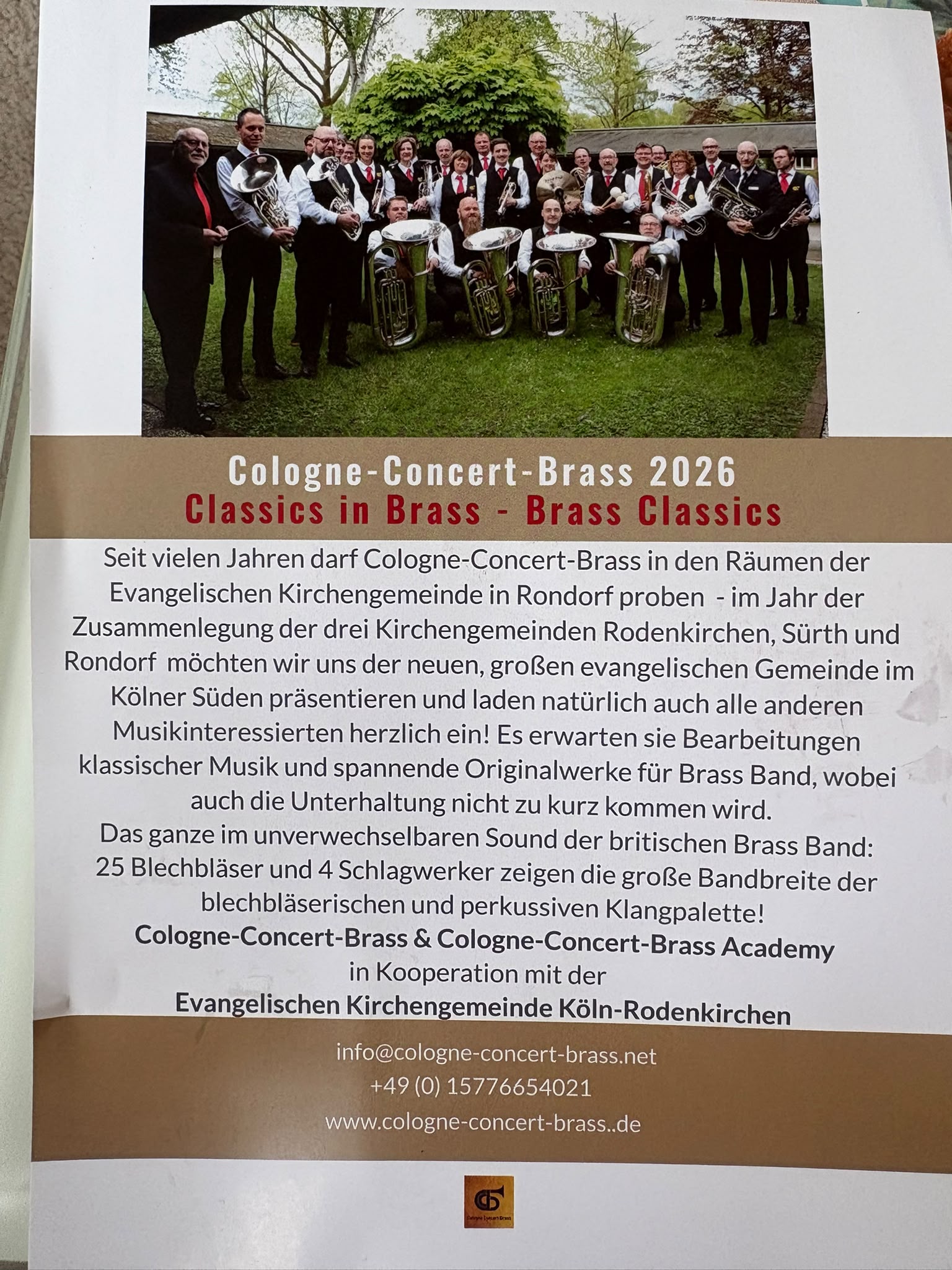 Cologne-Concert-Brass 2026 mit Gruppenfoto und Informationen zum Konzert in Rondorf