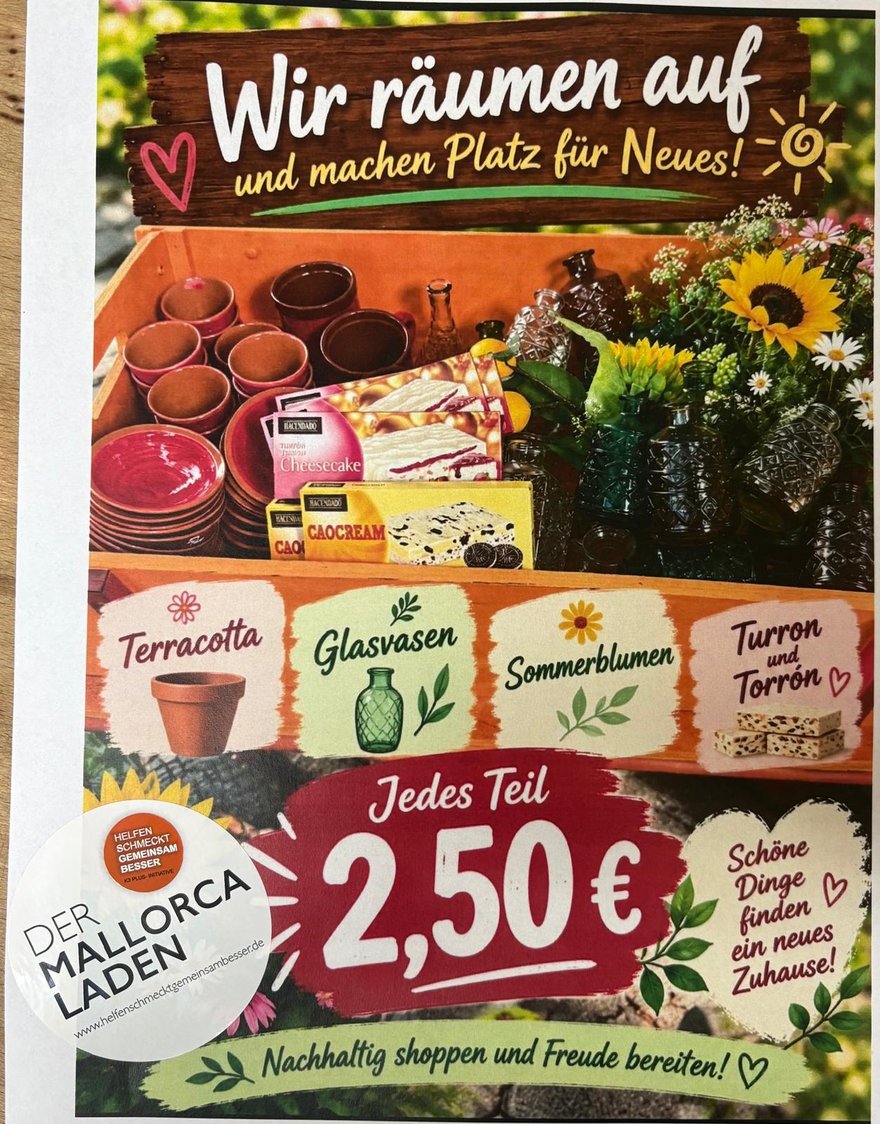 Werbeflyer des Mallorca-Ladens zum Räumungsverkauf mit Terracotta, Glasvasen und Sommerblumen, jedes Teil 2,50 Euro