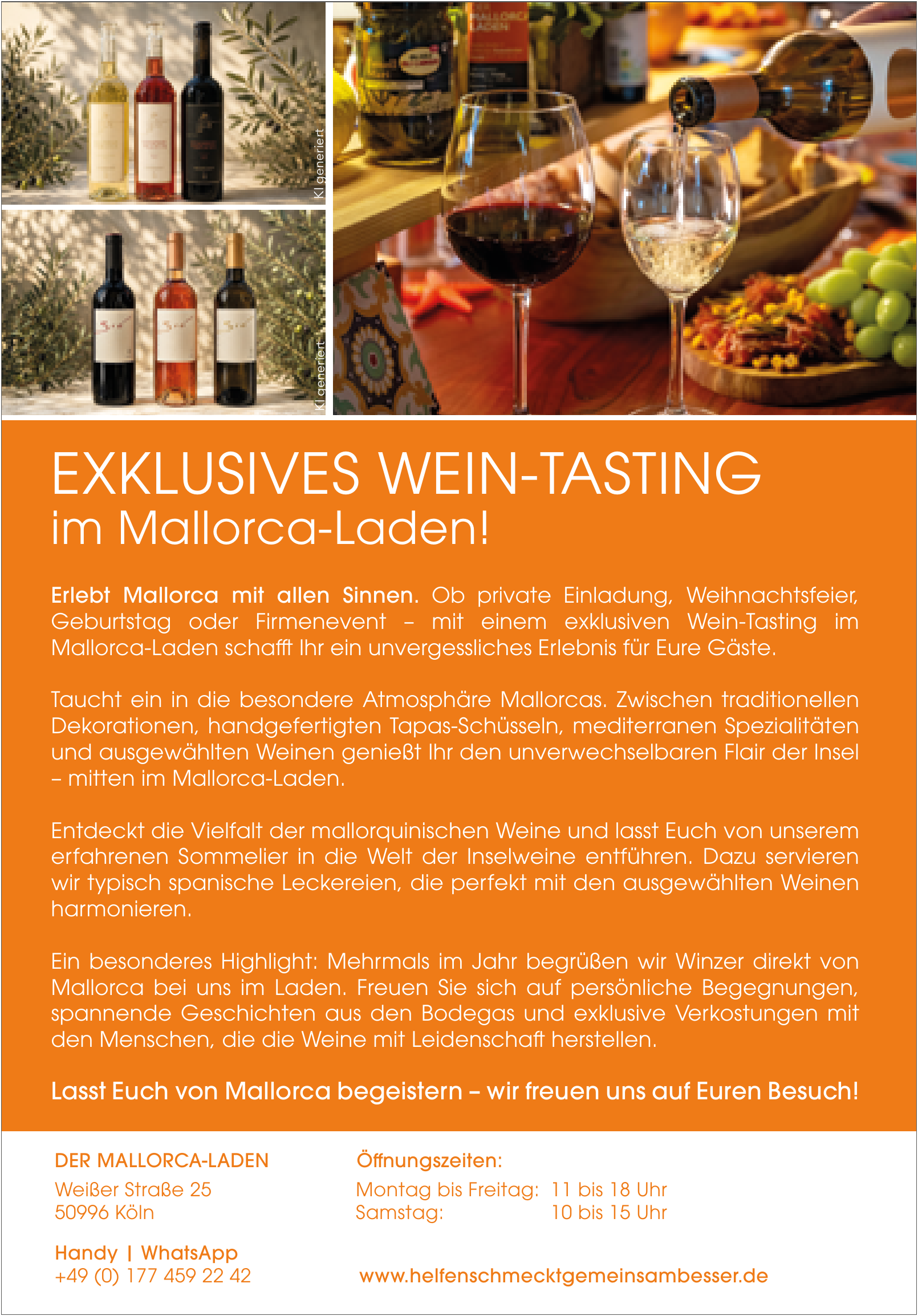 Orangefarbene Anzeige des Mallorca-Ladens Rodenkirchen für exklusives Wein-Tasting