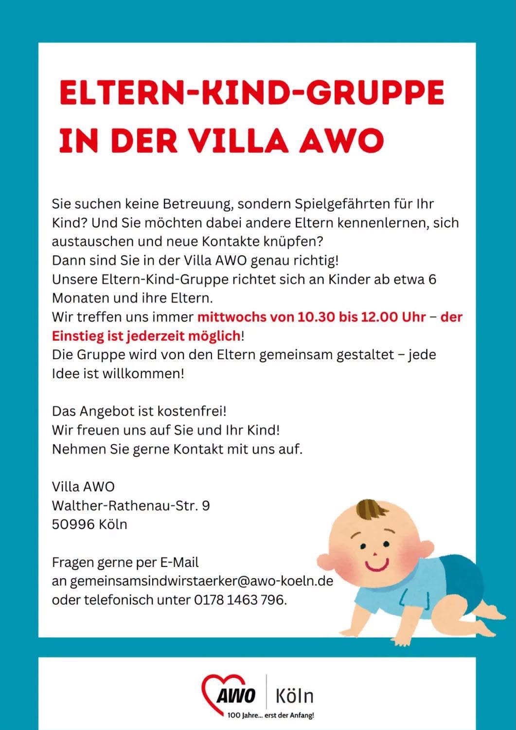 Flyer zur kostenlosen Eltern-Kind-Gruppe mittwochs in der Villa AWO in Köln-Rodenkirchen