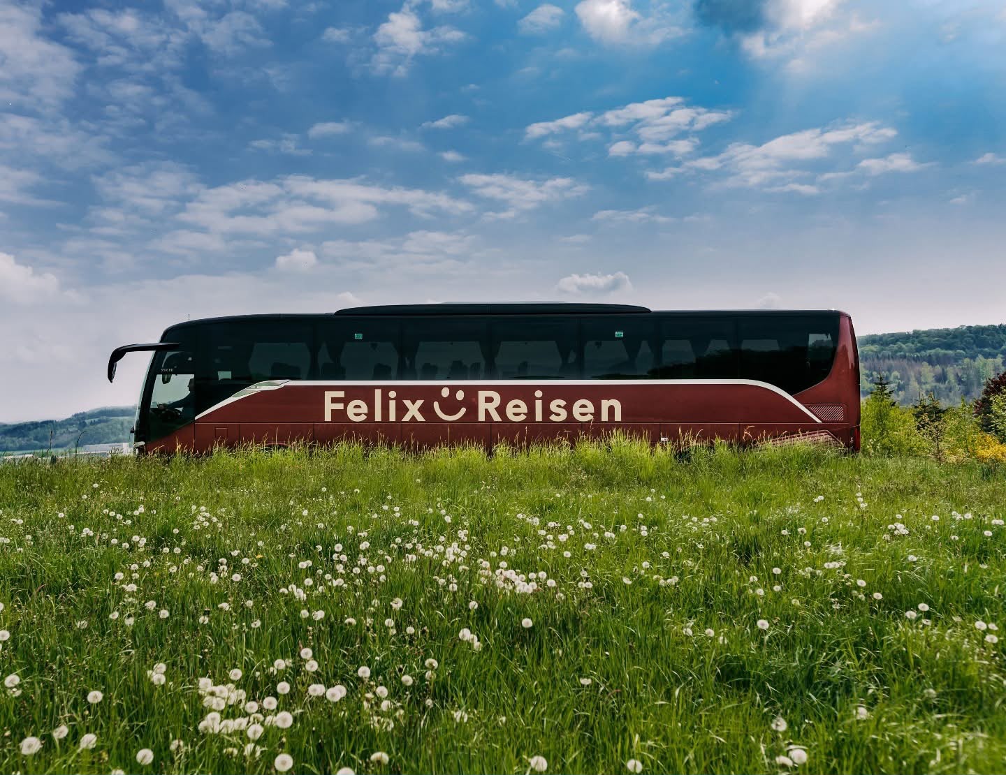 Reisebus von Felix Reisen auf einer grünen Wiese unter blauem Himmel
