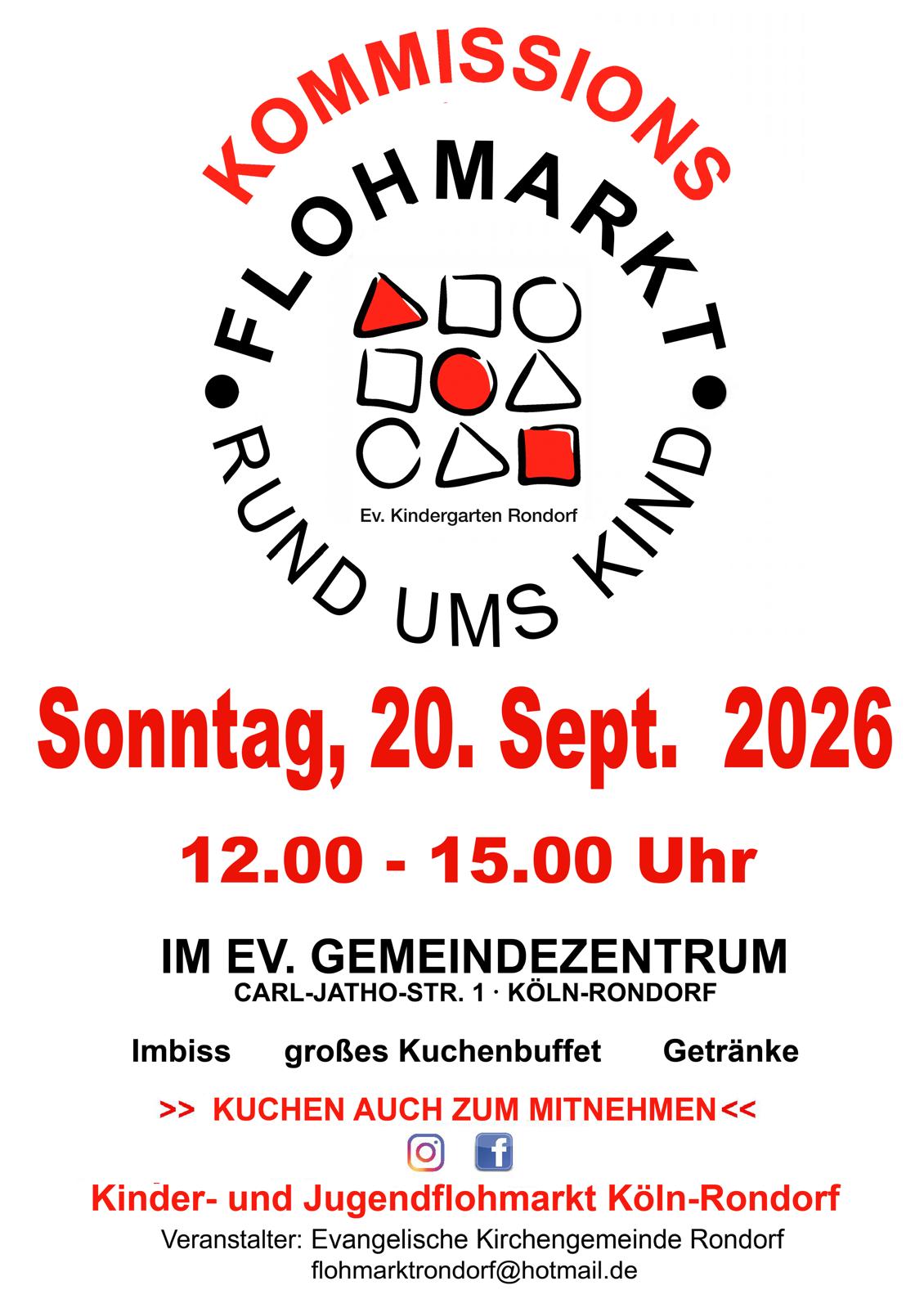 Flyer zum Kommissionsflohmarkt Rund ums Kind am 20.09.2026 im Ev. Gemeindezentrum Rondorf