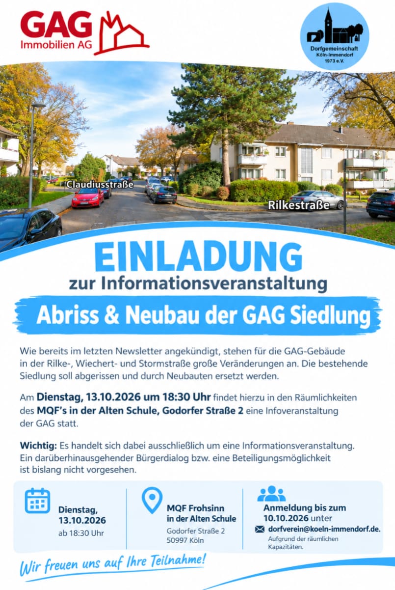 Einladung zur GAG-Infoveranstaltung Abriss und Neubau der Siedlung in Köln-Immendorf, 13. Oktober