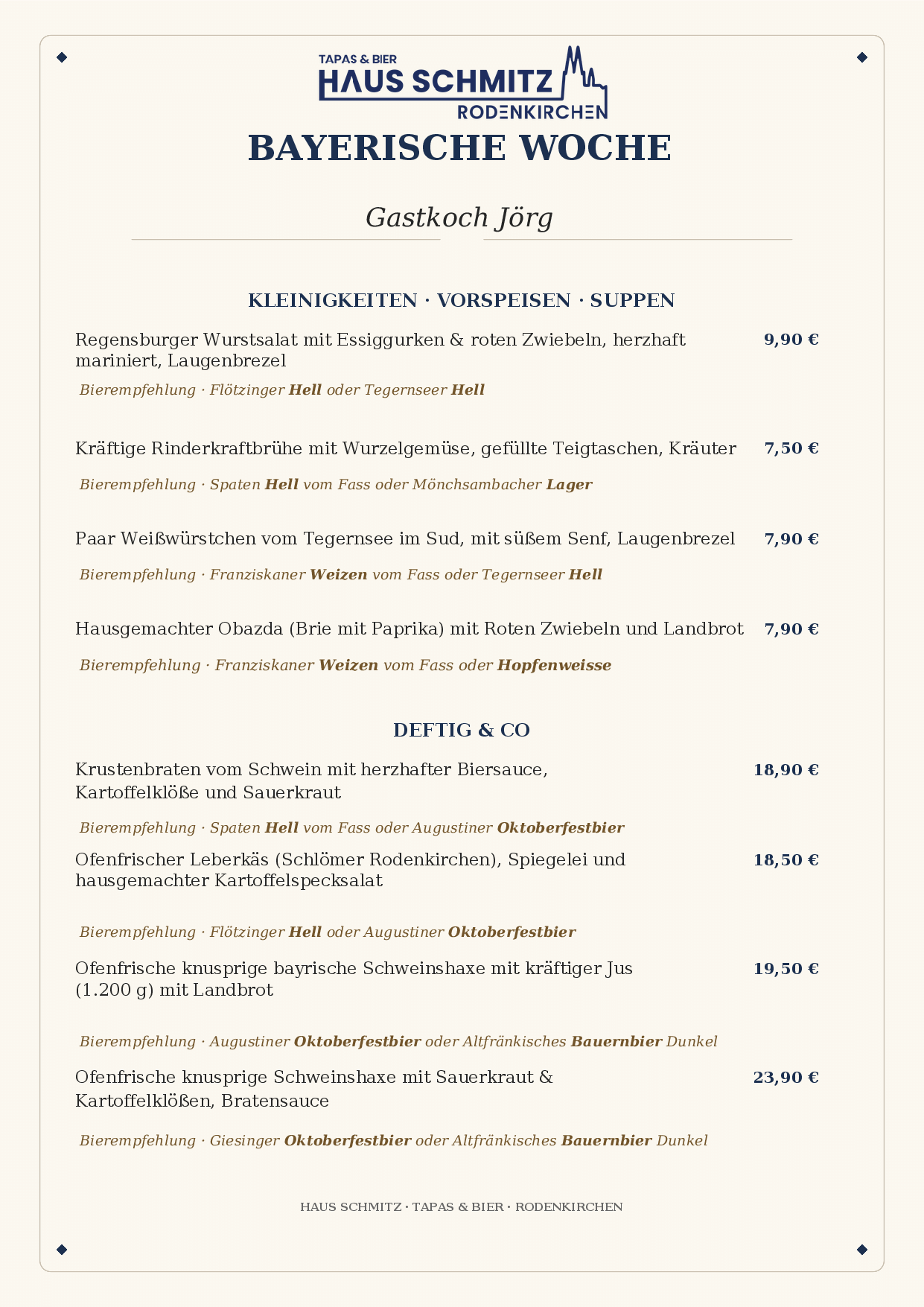 Erste Seite der Speisekarte zur Bayerischen Woche im Haus Schmitz