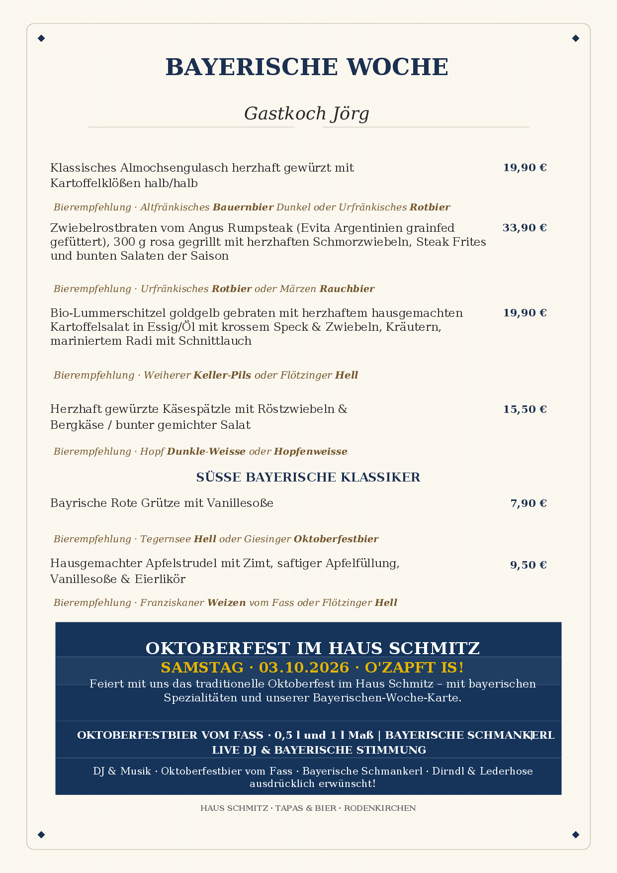 Zweite Seite der Bayerischen-Woche-Speisekarte mit Oktoberfesthinweis