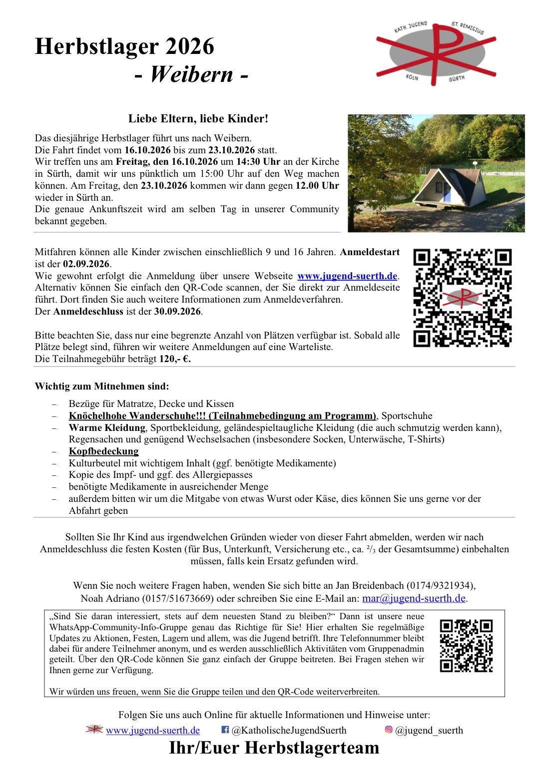 Flyer zum Herbstlager 2026 der Katholischen Jugend Sürth nach Weibern, 16. bis 23. Oktober