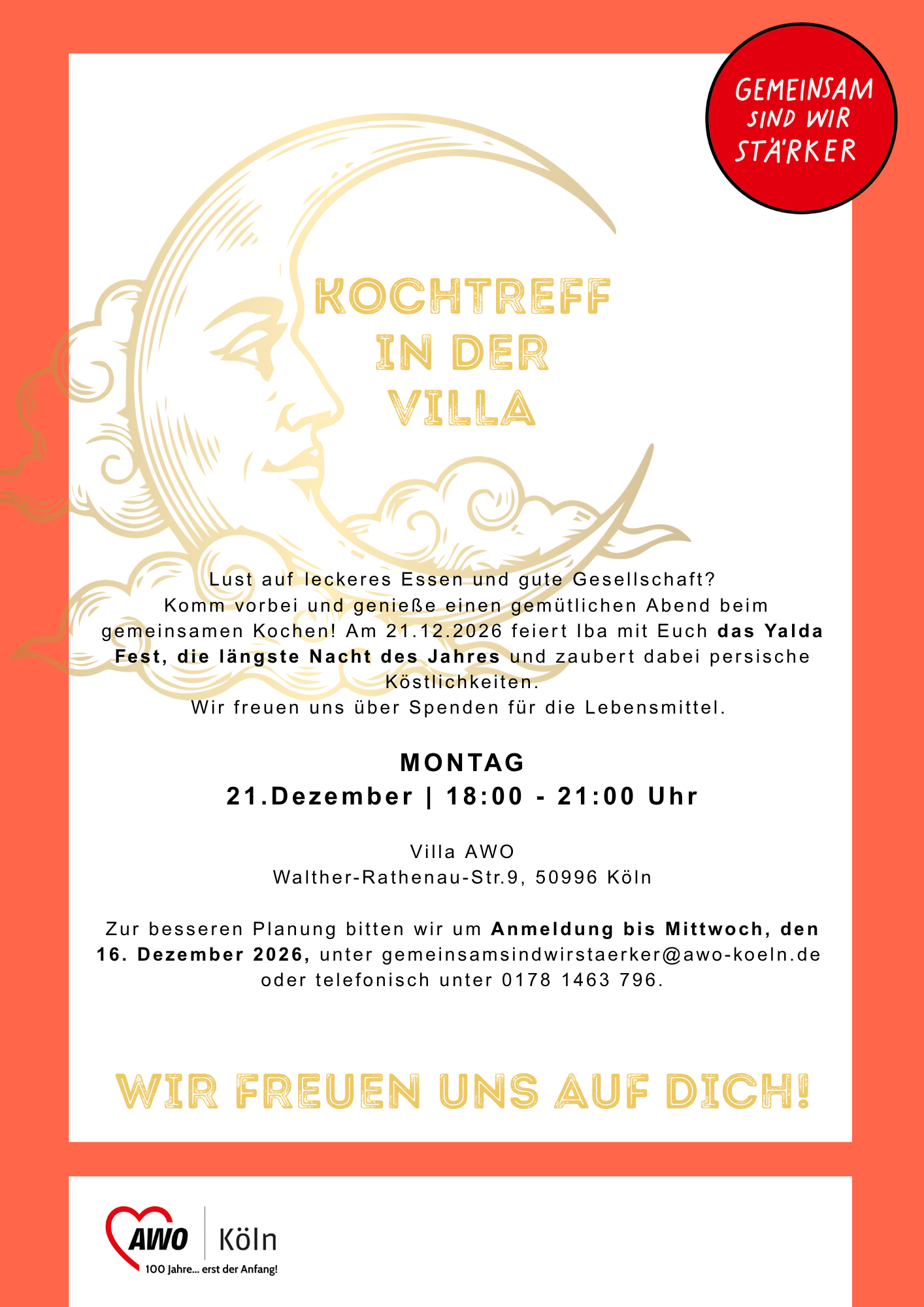 Plakat Kochtreff in der Villa mit goldenem Mond zum Yalda-Fest in der Villa AWO in Rodenkirchen