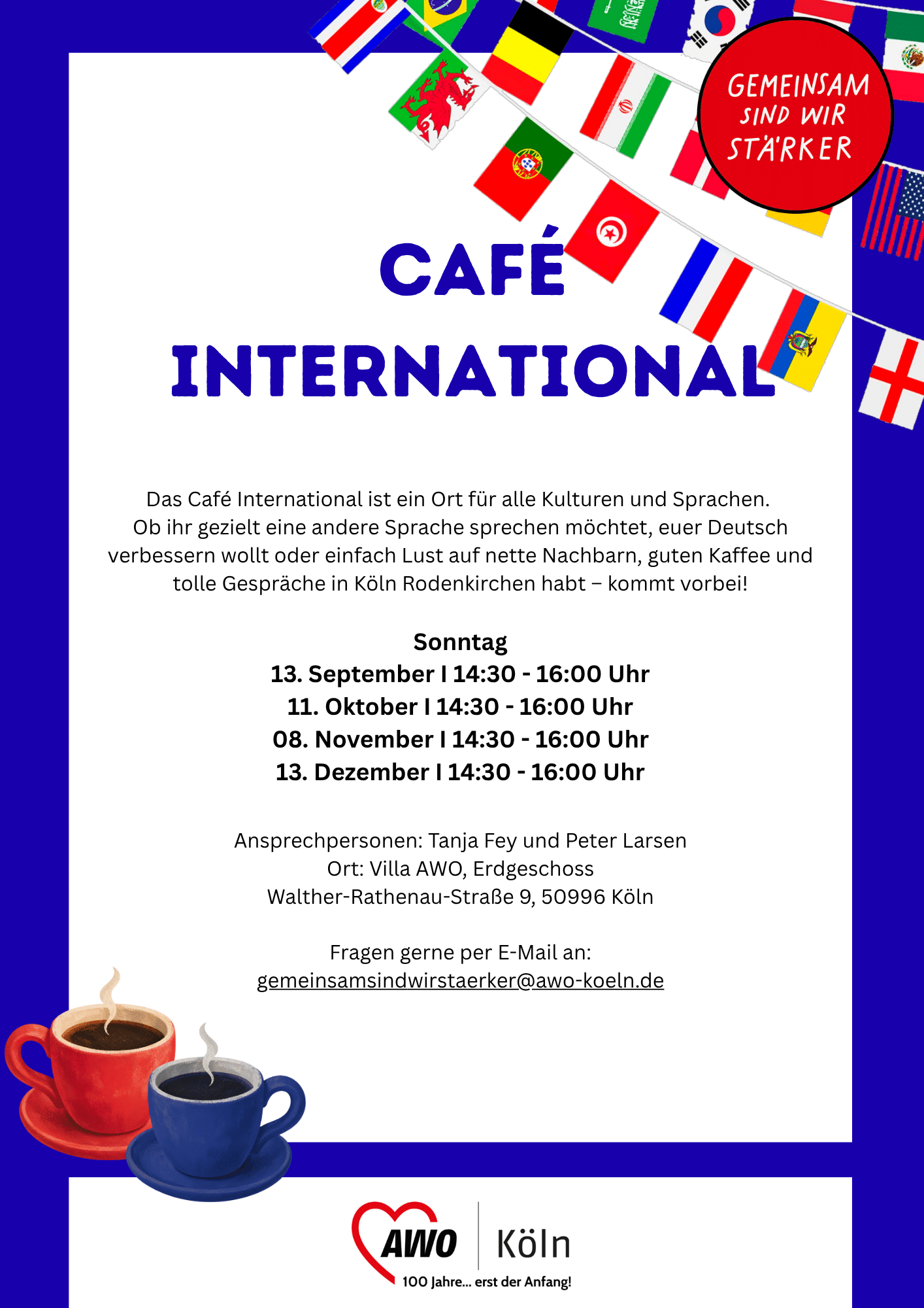 Plakat Café International mit Länderflaggen und Kaffeetassen in der Villa AWO in Rodenkirchen